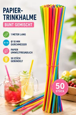 Produktbild von Trinkhalm Lang, Papier, versch. farbig ø 10 mm, 100 cm 50 Stück