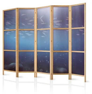 Immagine prodotto di Pannello divisorio giapponese, 5 ante, pieghevole, realizzato in tessuto non tessuto di alta qualità, motivo "sciame di pesci", ideale per l'ufficio, dimensioni 225 cm x 172 cm