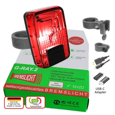 Produktbild von Litecco G-RAY.2 – helle sensorgesteuerte USB-Fahrrad-Rückleuchte mit Bremslicht, aufladbar, Helligkeitssensor, Abschaltautomatik, Akku tauschbar.