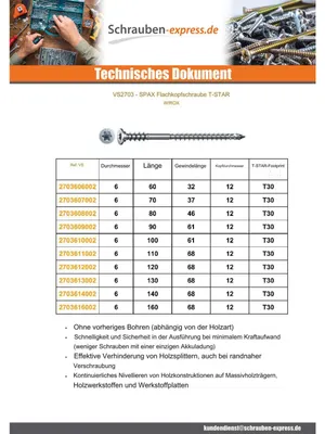 Produktbild von Spax Schraube VERORDNUNG Flachkopf T-STAR T30 6X80 Mit Gewinde 46 WIROX