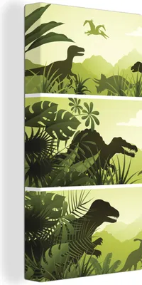 Produktbild von MuchoWow® - Leinwandbilder - Dinosaurier - Dschungel - Illustration - Kinder - Kind, Wandbild, Wanddeko Bilder Wohnzimmer, 20x40cm