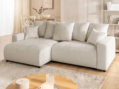 Produktbild von Calma - Komfortables Ecksofa im Bumpy-Design mit Schlaffunktion und Bettkasten aus weichem Beige Chenille-Stoff