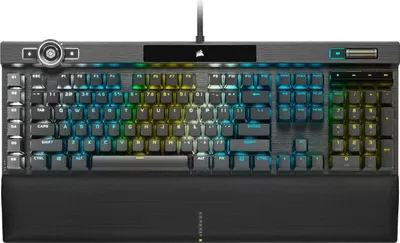 A top-down view of a black gaming keyboard with RGB lighting.