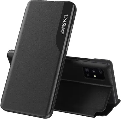 A black flip case for a smartphone is shown in a studio setting.