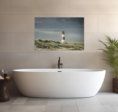 Produktbild von Wallario wasserfestes Poster selbstklebend 91,50 x 61 cm, Leuchtturm auf der Düne am Strand, Badezimmerposter Spritzschutz mit Hochglanzoberfläche in Glasoptik
