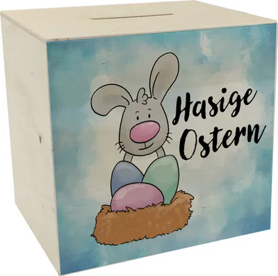 Produktbild von Hasige Ostern Spardose aus Holz mit niedlichem Osterhasen