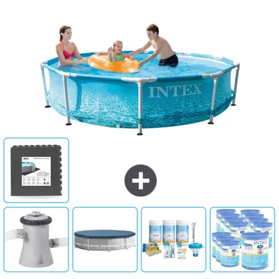 Produktbild von Intex Rundrahmen-Schwimmbecken – 305 x 76 cm – Wasserdruck – inklusive Pumpe Abdeckung - Wartungspaket - Filter - Bodenfliesen