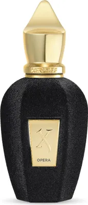 A black and gold perfume bottle.