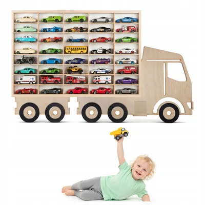 Modellauto-Regal für 40 Autos 1:64 – Wandregal & Setzkasten für Spielzeugautos, Lkw-Motiv, Birken-Sperrholz – Detailansicht der Fächer