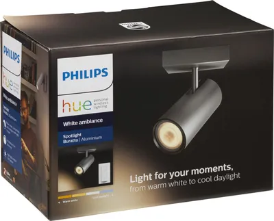 Produktbild von Philips Hue White ambience Buratto Einzelspot silber + Dimmschalter, Intelligenter Einbaustrahler, Bluetooth/Zigbee, Aluminium, LED, Metall, GU10