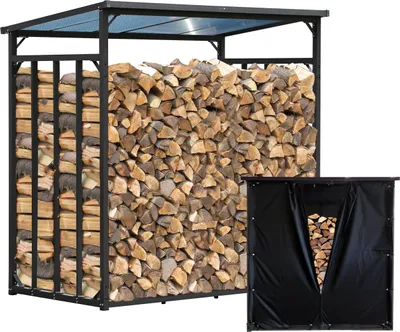 Produktbild von Metall Kaminholzregal Außen 185 x 100 x 185 cm Mit Wetterschutz Schwarz, Basic - 30 mm Stahlprofil, Anthrazit, Wetterfest, Kapazität 3,5 m³ (5 SRM), XXXL Garten Kaminholzunterstand Stapelhilfe