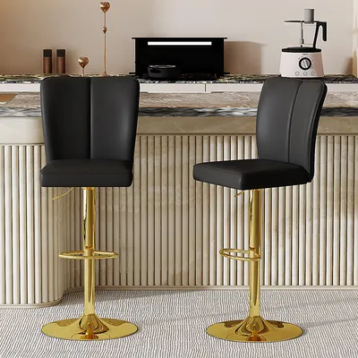 Produktbild von 2er-Set höhenverstellbare Barhocker, 360° drehbar, schwarzes Kunstleder, goldene Metallbeine