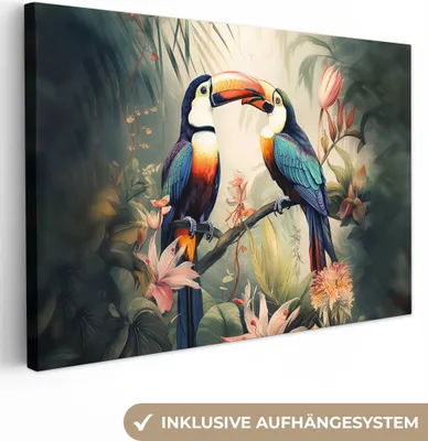 Produktbild von MuchoWow® - Leinwandbilder - Tukan - Vögel - Blumen - Natur - Dschungel, Wandbild, Wanddeko Bilder Wohnzimmer, 120x80 cm