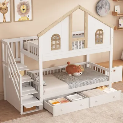 Obrázok produktu pre STILVORA poschodová posteľ 90 x 200 cm s úložným priestorom v schodiskovej konštrukcii, domčeková posteľ s oknami a zásuvkami, poschodová posteľ s ochranou proti vypadnutiu
