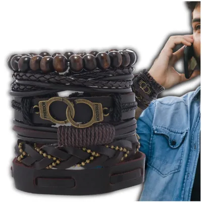 Produktbild von EDIBAZZAR | Set mit 6 braunen geflochtenen Lederarmbändern für Herren