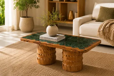 Produktbild von Couchtisch Design Holz Mit Grüner Marmor Platte, KI-generiertes Bild