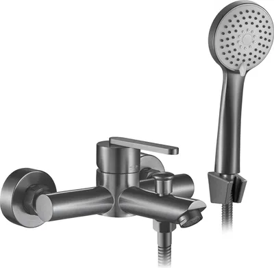 A wall-mounted bathtub faucet with a handheld showerhead, shown against a white background.