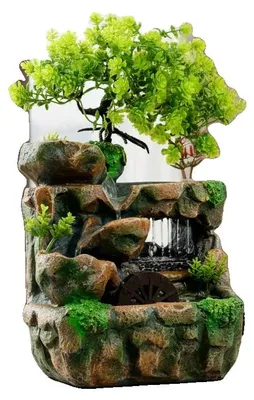 Produktbild von Tischbrunnen, LED-Lichtelement, Harzmaterial, Abmessungen 18x15x30 cm, Spannung AC 220-240V, kontinuierlicher Wasserfluss
