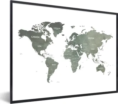 Produktbild von MuchoWow® Gerahmtes Poster Weltkarte - Geographie - Grau 80x60 cm - Poster mit Schwarzem Bilderrahmen Wandposter Rahmen Foto Bilder - Schwarzem - Mit Gestell
