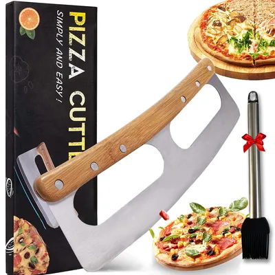 Pizzasnijder Halbmondmesser mit Holzgriffen, 36 cm, Edelstahl