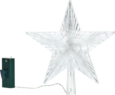 A clear plastic star-shaped Christmas tree topper with a green battery pack and wire.
