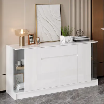 Productafbeelding van STILVORA dressoir van spaanplaat met APP-LED-verlichting, voorzien van een lade, een glazen vitrine met dubbele deur en een hoogglanzende afwerking