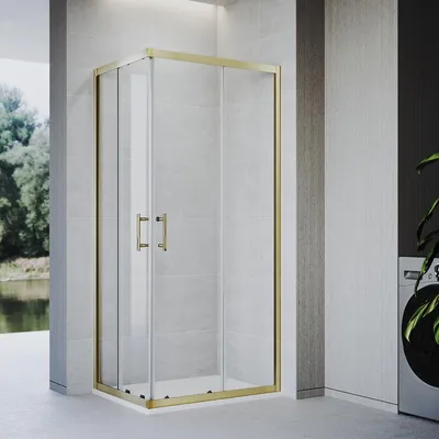 Zdjęcie produktu dla SONNI 70 x 80 x 195 Kabina prysznicowa w kolorze szczotkowanego złota, drzwi przesuwne z górną i dolną szyną, szkło 5 mm, ościeżnica z zakresem regulacji 20 mm