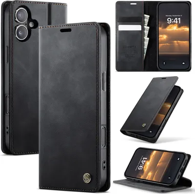 Image de Étui en cuir pour iPhone 16, protection RFID, fermeture magnétique, fentes pour cartes et fonction stand Noir