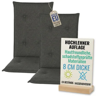Produktbild von Pillows24 - 2x Hochlehner Auflagen 120x50x8 cm | Gesteppte Wetterfeste Gartenstuhlauflagen | Sitzkissen für  Gartenmöbel |   EU | Graphit