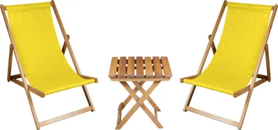 Two yellow deck chairs and a small wooden table are arranged on a white background.
