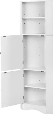Produktbild von okwish Badezimmerschrank 36,5*36,5*155 cm, Badezimmermöbel, Eckschrank mit zwei Ablagefächern, offenes Fach mit verstellbaren Einlegeböden, weiß