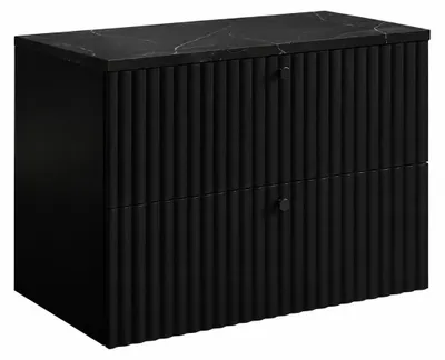 Immagine prodotto di Mobile sospeso per bagno con piano 80 cm, colore nero, e piano effetto marmo "Black Royal", maniglie disponibili in tre colori, dimensioni 80 x 44,4 x 58,6 cm, Immagine generata dall'IA