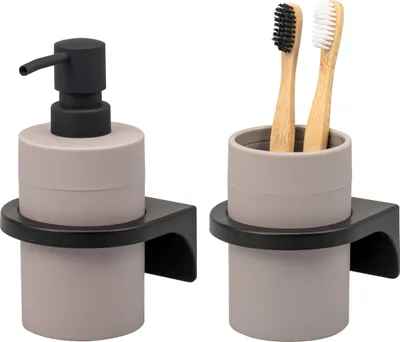 Immagine prodotto di Set di accessori da bagno SAVONA 2 pezzi di bremermann con superficie soft-touch, 1 dispenser per sapone, 1 tazza, plastica color tortora