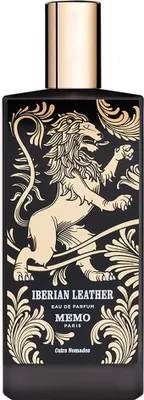 A black perfume bottle with gold accents and a lion illustration.