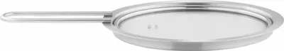 A silver lid for a pot or pan is shown against a white background.