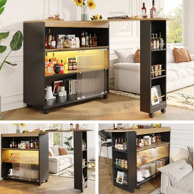 Collage of images showing a bar cart with storage and LED lighting in a home setting.