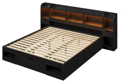 Productafbeelding van Bed met opbergruimte - Bedframe 180 x 200 cm - Hoofdeinde met opbergruimte - Voeteinde - 3 lades - Lattenbodem - Zwart