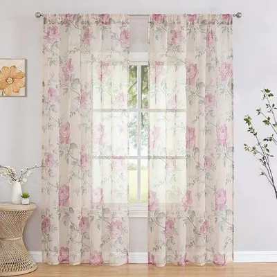 Obrázek produktu pro Vitrační vitrační opony s květovým vzorem - Poloprůhledné záclony pro obývací pokoj - Sada 2 - 160 x 140 cm - růžová