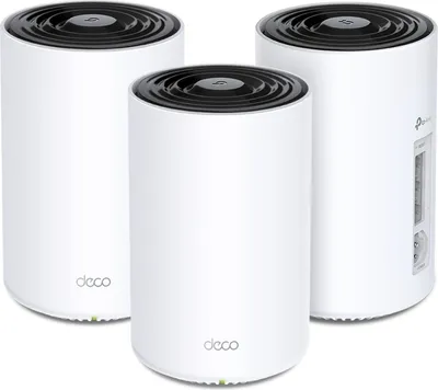 Three white cylindrical Wi-Fi mesh devices are arranged in a group against a white background.