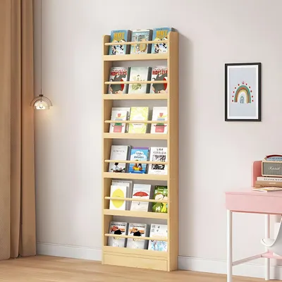 Image de Étagère bibliothèque pour chambre d'enfant, dimensions 50x10x178 cm, couleur bois, 6 étagères, avec système anti-basculement