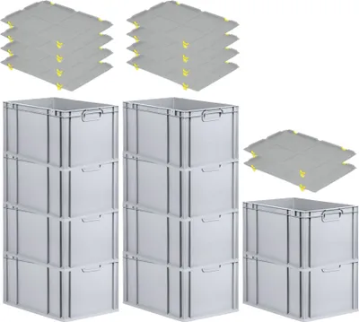Produktbild von SparSet 10x Eurobox NextGen Grip mit Auflagedeckel inkl. 4 gelben Schiebeschnappverschlüssen | HxBxT 32x40x60cm | 65 Liter | Grau | Griffe geschlossen | Verstärkter Boden | Eurobehälter, Transportbox, Transportbehälter, Stapelbehälter