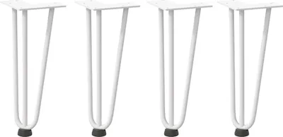 Four white hairpin legs are arranged in a row against a white background.