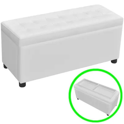 Immagine prodotto di Panca contenitore, panca imbottita, pouf contenitore, scatola portaoggetti, panca imbottita in ecopelle, colore bianco, dimensioni 87,5 x 36 x 45,5 cm