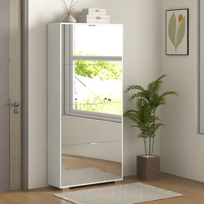 Image de Armoire à chaussures - Rangement à chaussures - Meuble d'entrée 2 en 1 avec miroir étroit