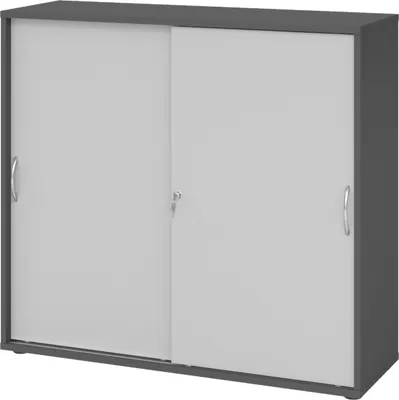 Produktbild von bümö Schiebetürenschrank office - 3 Ordnerhöhen - Griff: Bogengriff (Metall), Nachbildung: Graphit/Grau