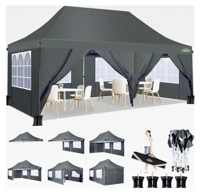 Produktbild von Faltpavillon 3x6m Wasserdicht mit 6 Seitenteilen, Hochdach und Tragetasche, Gartenpavillon für Garten, Party, Festival, Hochzeit, UV80+