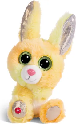 A plush toy rabbit sitting upright against a white background.