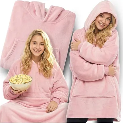 A collage of a young woman wearing a pink hoodie blanket, holding a bowl of popcorn, and another shot of the hoodie blanket itself.