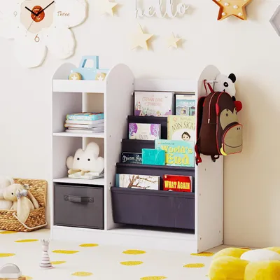 Zdjęcie produktu dla COSTWAY 87,5x30x90 cm regał dla dzieci, regał dla dzieci z lustrem, 4 półki, szuflady z tkaniny i 3 haczyki, stojak na czasopisma, regał dla dzieci biały