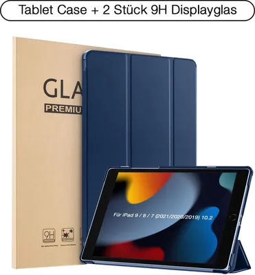 Produktbild von Schutzhülle + 2x 9H Display Glas für iPad 7/8/9 Generation 10.2 Zoll Cover Case Schutz Tablet Farbe: Dunkelblau